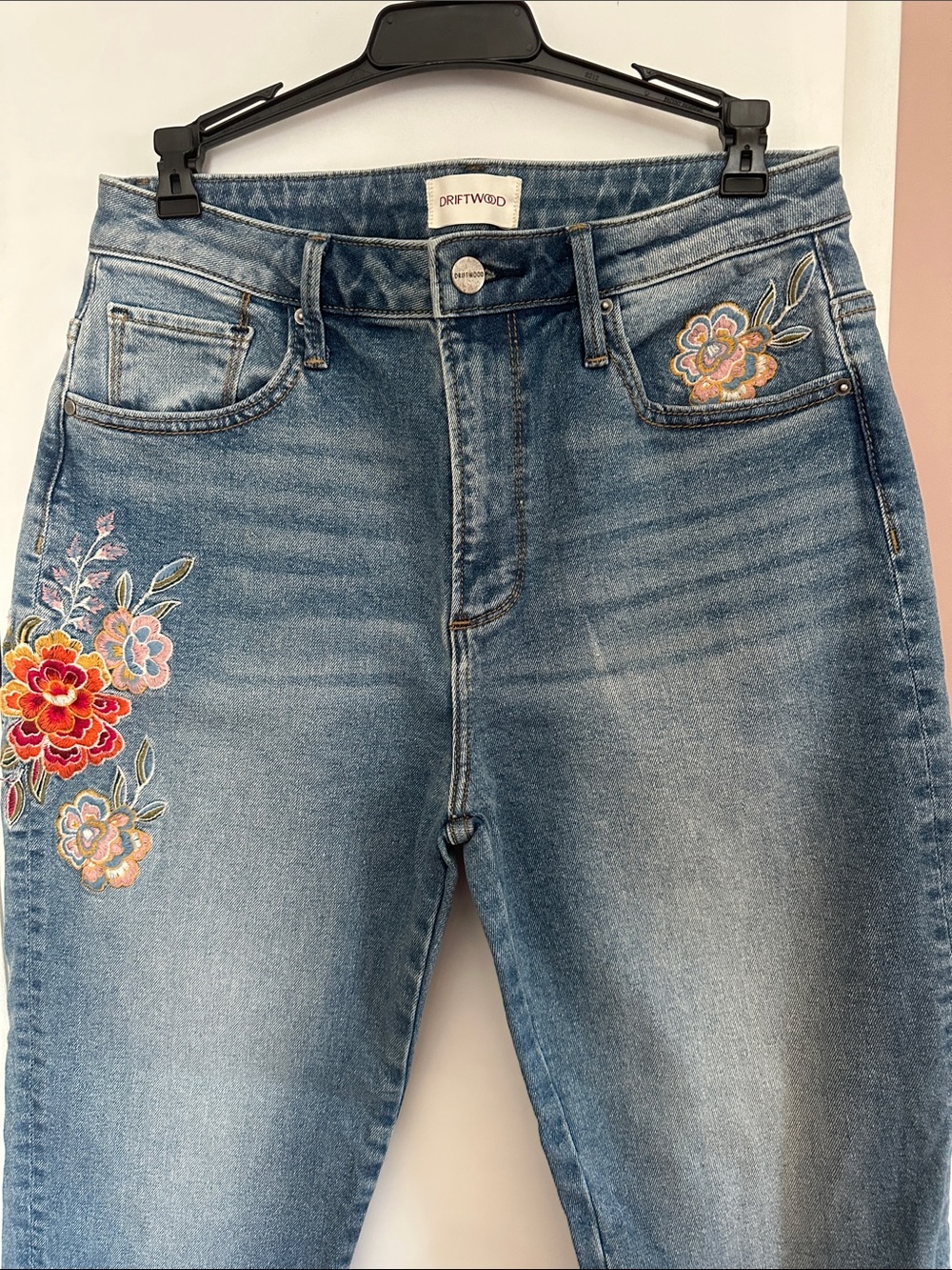 DRIFTWOOD embroidered Blue Denim Ankle Jeans, high rise embroidered medium wash